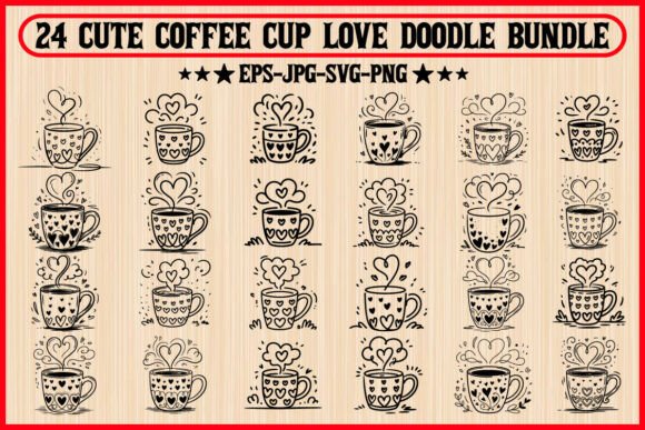 24 Cute Coffee Cup Love Doodle Bundle: Sweet Graphics for Local Branding