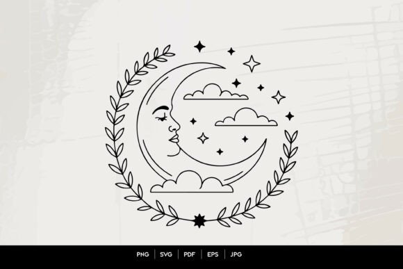 Celestial Moon Face Botanical Wreath Graphics for Branding & Visual Content