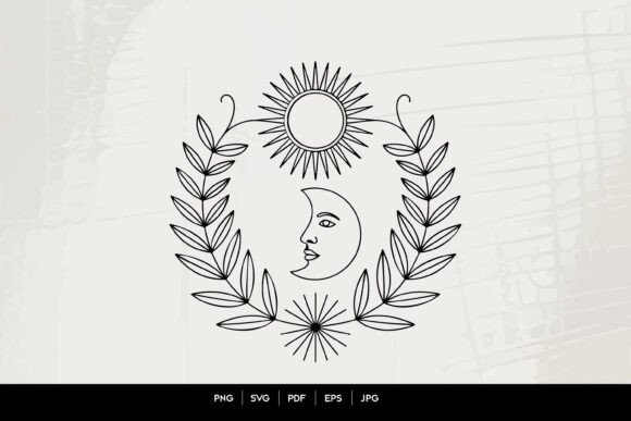 Celestial Sun Moon Face Botanical Line: Graphics & Illustrations for Ethereal Branding