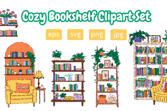 Cozy Bookshelf Clipart Set: Warm Illustrations & Graphics for Local Branding