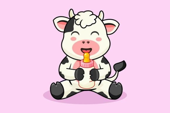 Cute Baby Cow Drinking Milk from Bottle
