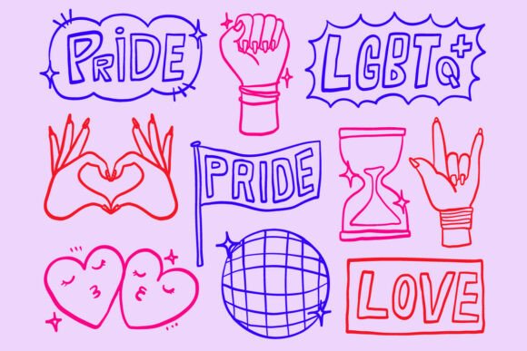 LGBT Pride Outline Doodle Set Disco Ball: Graphics for Expressive Editorial Design