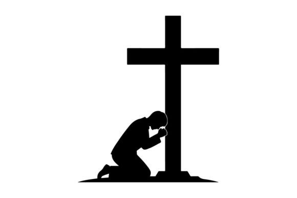 Man Kneeling in Prayer at Wooden Cross S – A Thoughtful Graphic for Spiritual & Reflective Design Projects