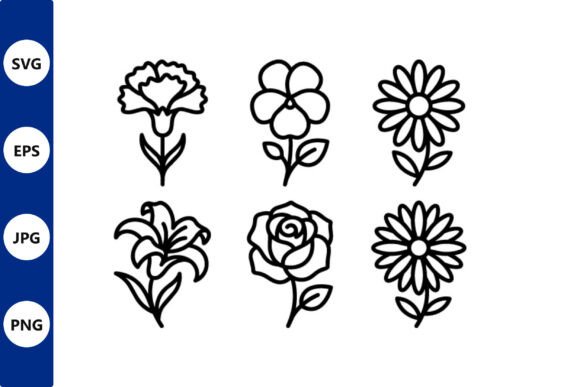 Six Flower Line Art Set Vector Graphics for Illustrations & Design Assets