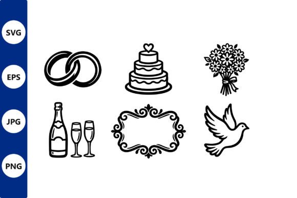Wedding Icon Set: Rings, Cake & Bouquet Graphics for Digital Sellers